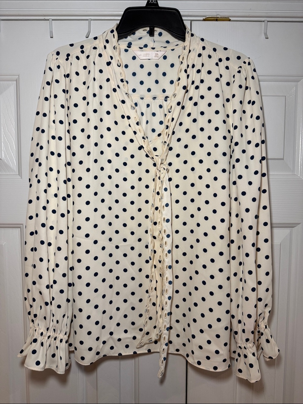 LC Lauren Conrad Ivory Blouse with Navy Polka Dots